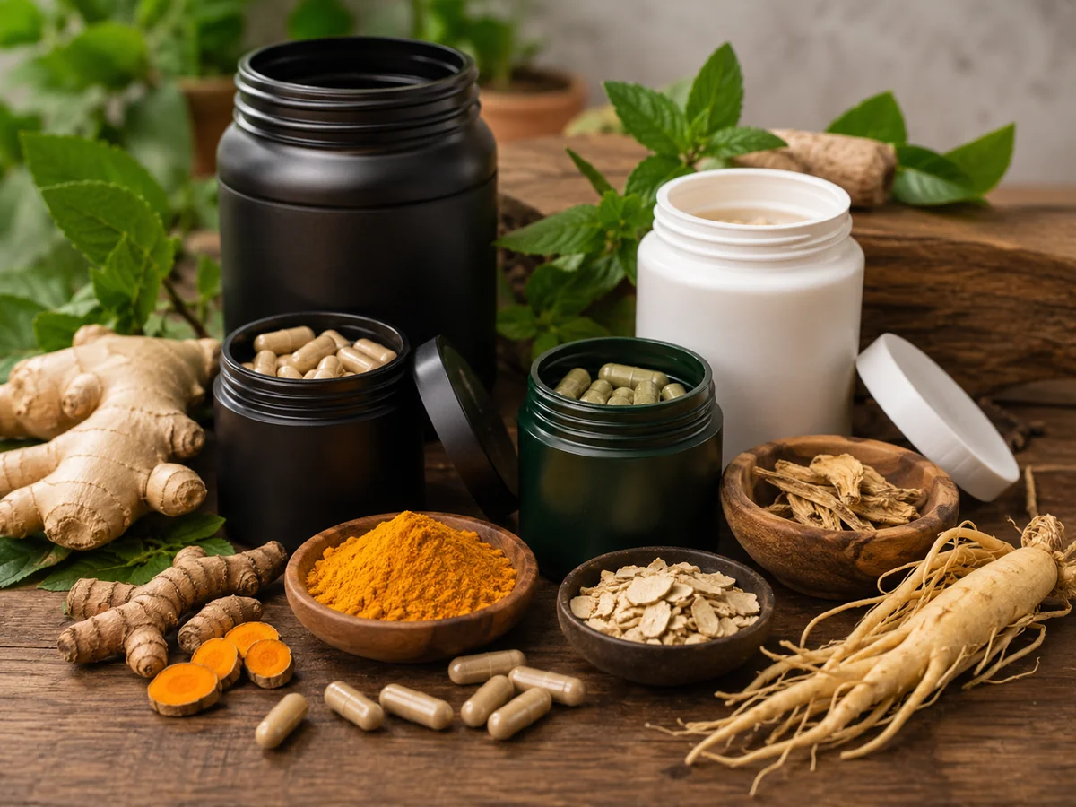 ترکیبات طبیعی مکمل گیاهی شامل جینسینگ، زنجبیل، زردچوبه و کپسول
