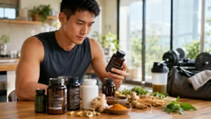 ورزشکار در حال بررسی برچسب مکمل گیاهی ورزشی پیش از خرید