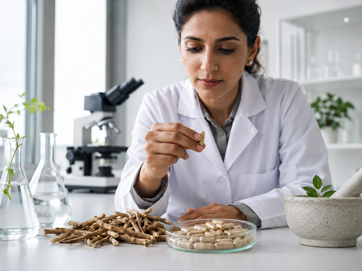 پژوهشگر در حال بررسی علمی کپسول و ریشه گیاه آشواگاندا در آزمایشگاه