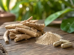 ریشه های خشک آشواگاندا، پودر گیاهی و کپسول های مکمل برای کاهش استرس