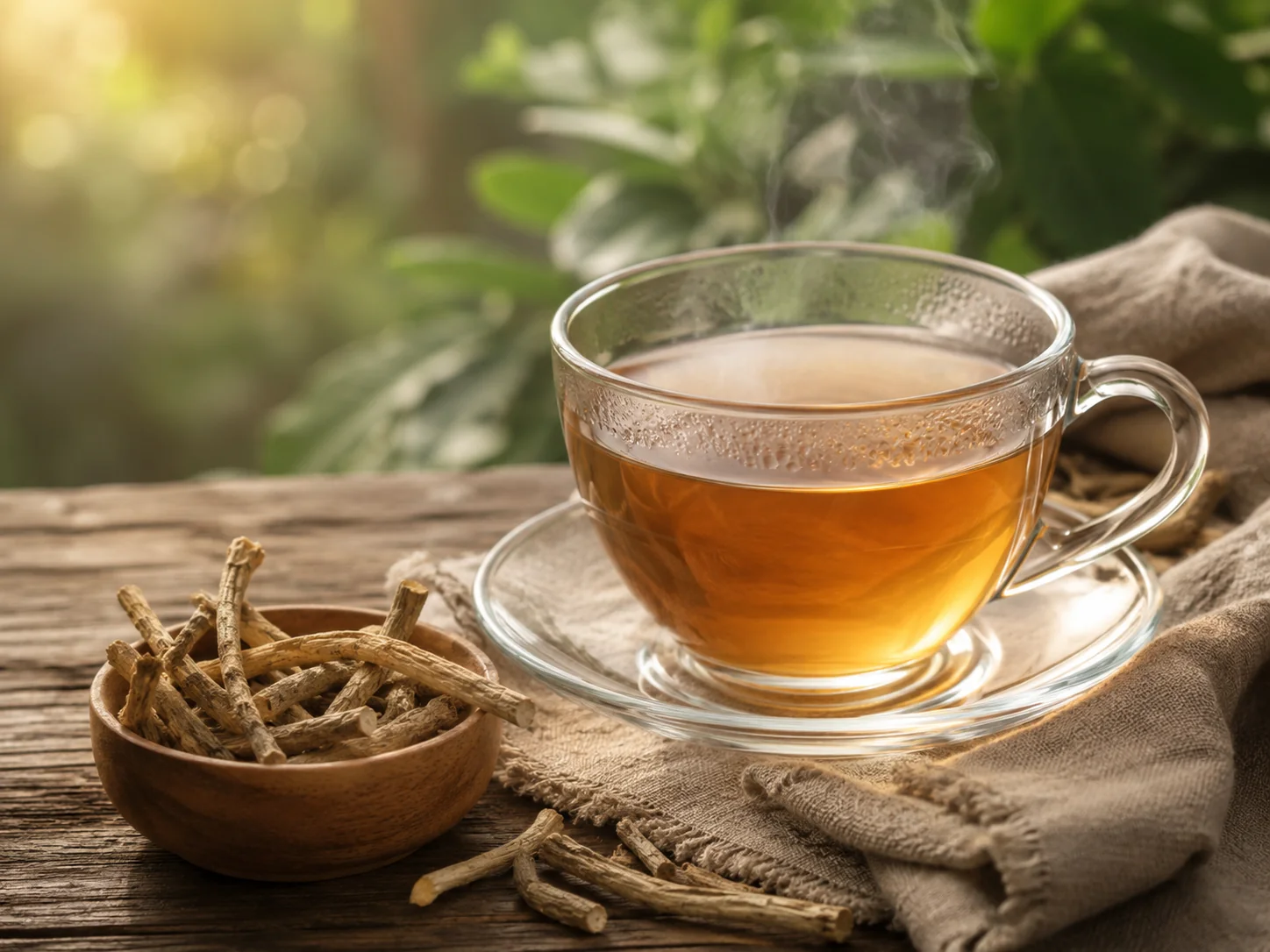 فنجان نوشیدنی گرم گیاهی در کنار ریشه آشواگاندا برای ایجاد آرامش